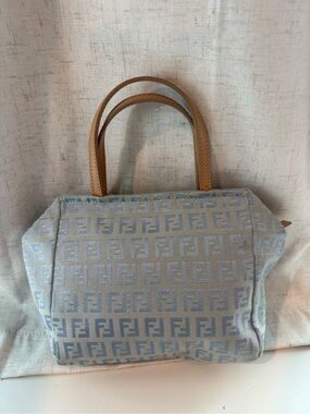 Fendi Light Blue Zucca Mini Tote with Tan Leather Handles
